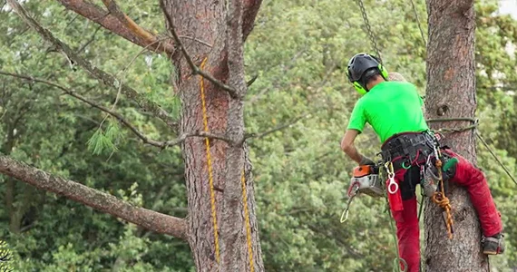 Arborist wearing bright green shirt and safety gear climbing a tree with ropes.